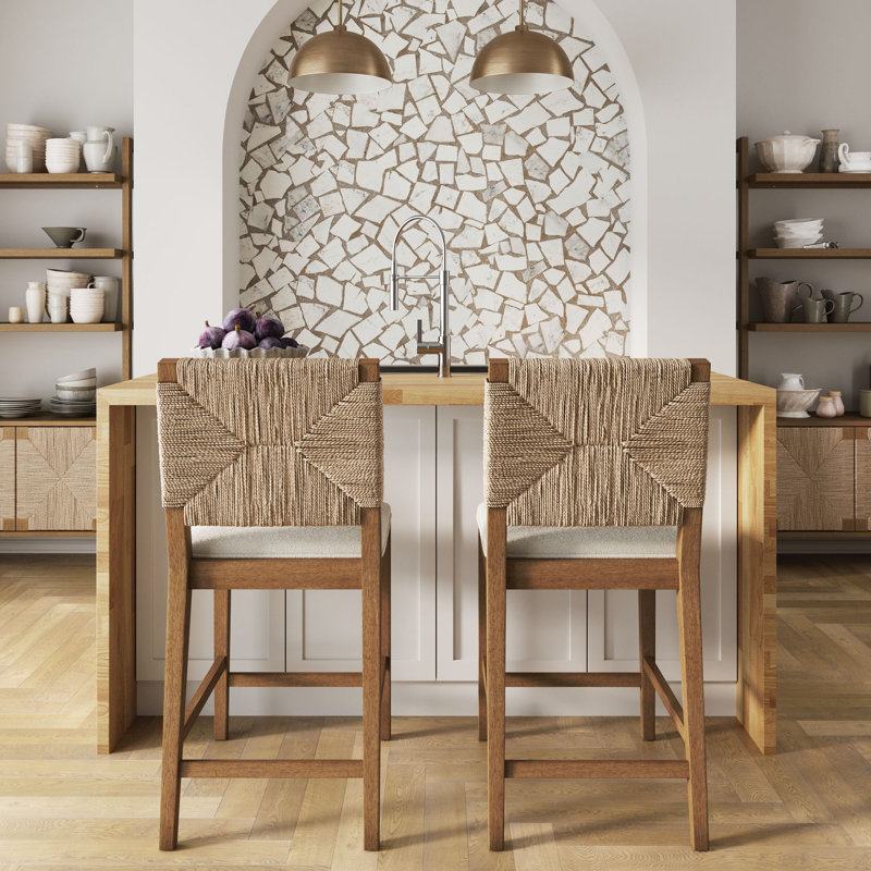 Beacon Upholstered Counter Stool with Solid Wood Frame, 1, Counter Stool (24” Seat Height),  Cream Boucle/Light Brown