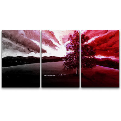 Moody, rouge foncé, nuages, au-dessus de la vallée, art abstrait, aquarelle, nature, moderne, rustique