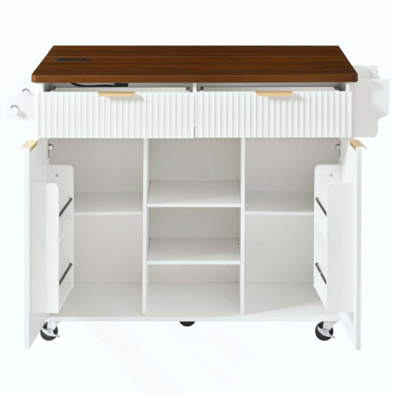 Îlot de cuisine cannelé avec abattant, prise de courant, chariot de rangement de cuisine avec tablettes réglables, 2 portes et 2 tiroirs, table d'îlot roulant avec plateau pour la cuisine