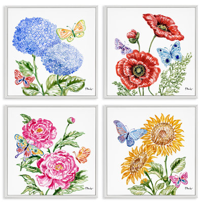 Ensemble de 4 giclées encadrées "Brushstroke Florals & Butterflies", design par Paul Brent