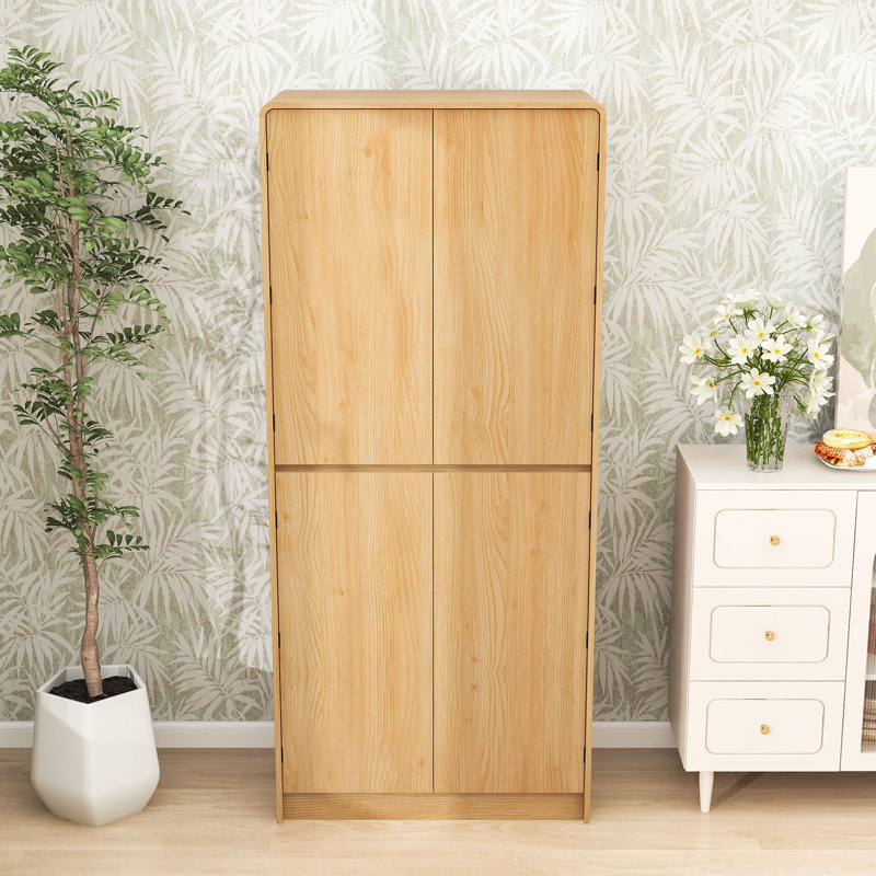 Armoire haute haute avec tablettes réglables, tiroir caché, design courbé et 8 supports de porte, Naturel