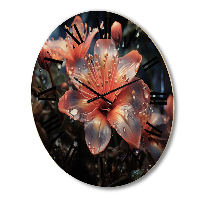 Coral Orange Wildflower By The River I - Floral Oversized Wood Wall Clock, Medium