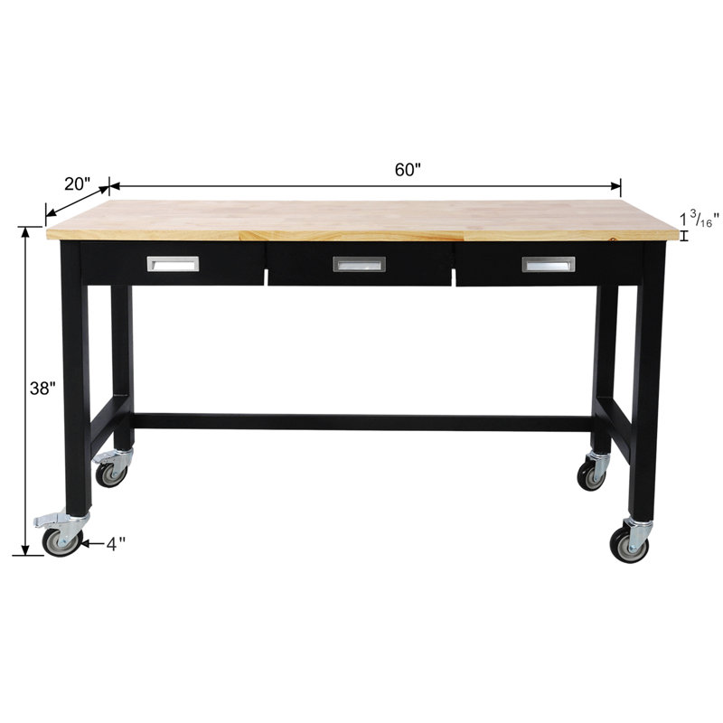 60In Work Bench, Workbench With Drawer Storage, Heavy Duty Bamboo Wood Work Table With Wheels For Garage Home Office