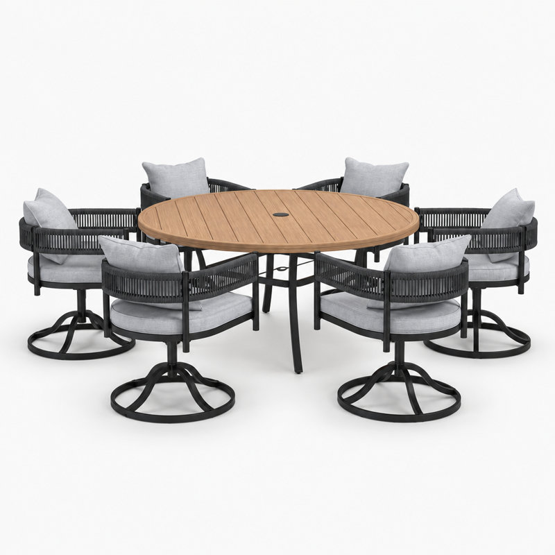 Fran Steel Patio Dining Set Umbrella Hole Included Table,, Walnut/Beige