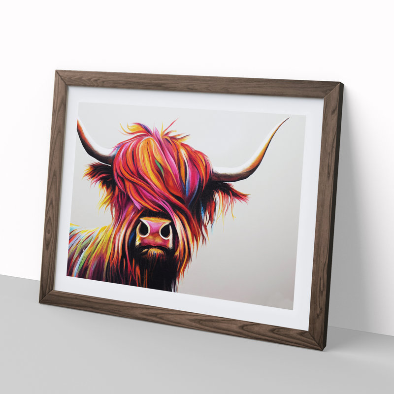 Vibrant Highland Cow Abstract - Framed Print, 46cm H x 64cm W x 2cm D, Walnut