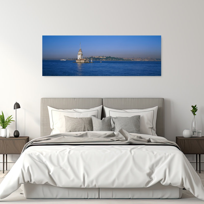 Lighthouse In The Sea With Mosque In The Background Leander's Tower Blue Mosque Istanbul Turkey by Murat Taner - Wrapped Canvas Panoramic Print