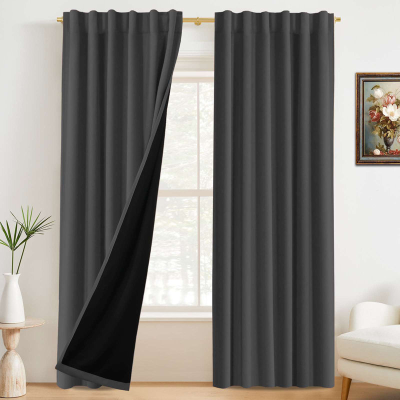 100% Blackout Curtains for Bedroom with Liner Full Room Darkening Curtains Thermal Insulated Back Tab/Rod Pocket Window Drapes for Living Room, 2 Panels