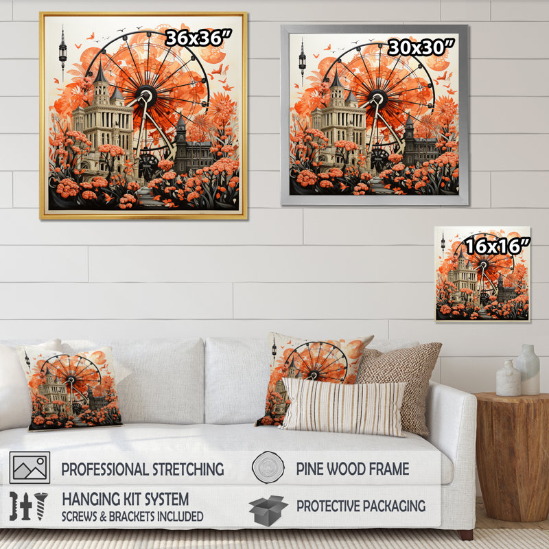 Coral Ferris Wheel Joyful Spin II - Amusement Parks Wall Art Prints, H 24 po x l 24 po x P 1 po, Cadre simple noir
