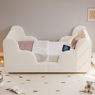 3FT Single Upholstered Bed with LED Headboard Light, Safety Rails, USB & Type-C, Solid Wood Legs, 90x190 cm