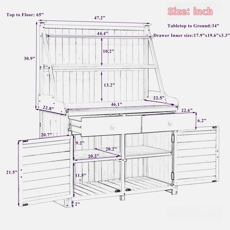 Table de jardin avec 2 tiroirs, 2 armoires et tablettes de rangement, Gris