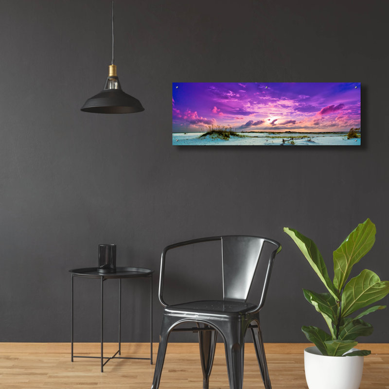 «Purple Clouds Skyscape Sunset Over Beach Sand Dune» par Ezra Tanner, acrylique, H 16 po x l 48 po