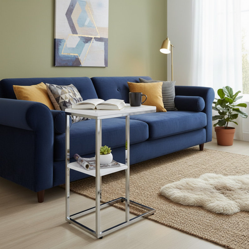 C Shaped Table With Shelf-Black, White