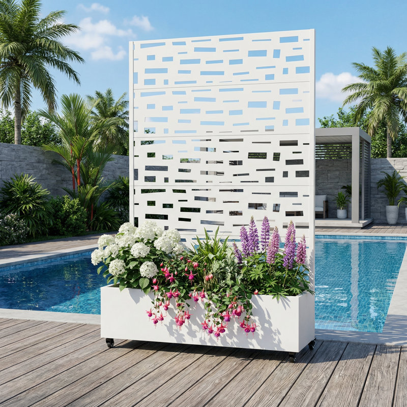 Boîte à fleurs en métal avec treillis et roues, H 72 po x l 47 po x P 16 po, Blanc