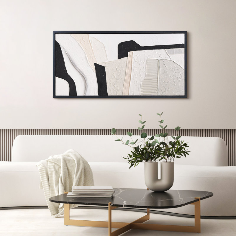 Monochrome Abstract Black and White Textured Canvas Painting, 24" x 48"