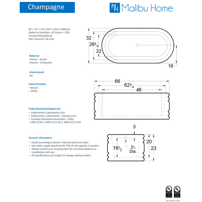 Champagne 66" x 32" Freestanding Soaking Bathtub, White