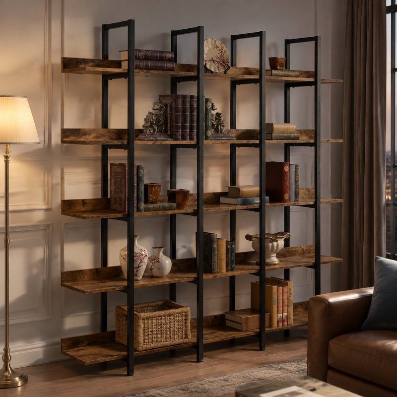 Bibliothèque industrielle vintage à 5 niveaux, étagères ouvertes en MDF avec structure métallique pour le rangement à domicile ou au bureau