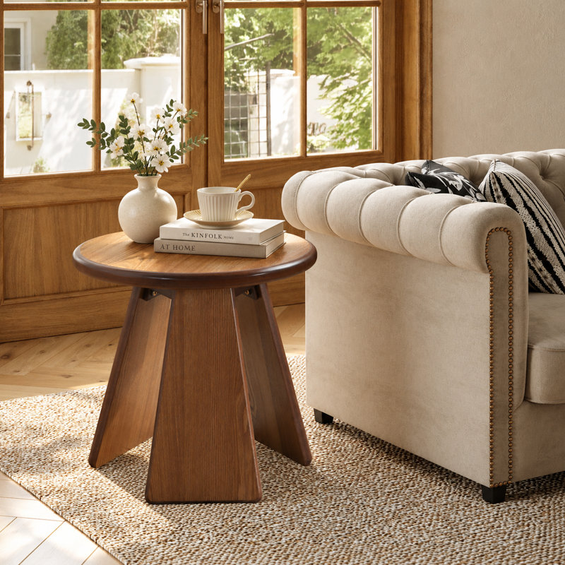 Table d'appoint ronde 19,71 po avec plateau en noyer et piédestal en travertin, table d'appoint Wabi-sabi pour le salon