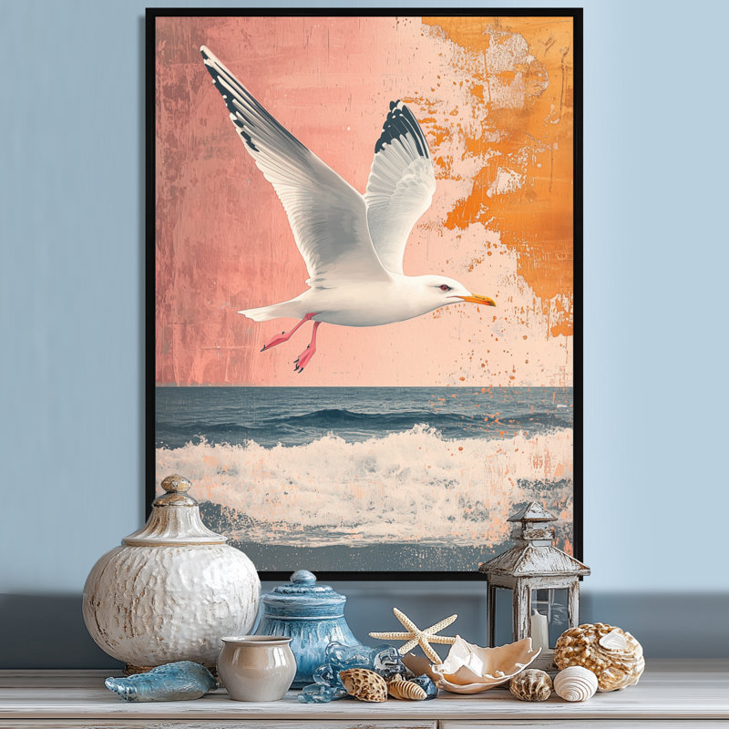 Austra Coastal Seagull Golden Rose Sunset Elegance I - Impressions encadrées, H 20 po x l 12 po, Noir