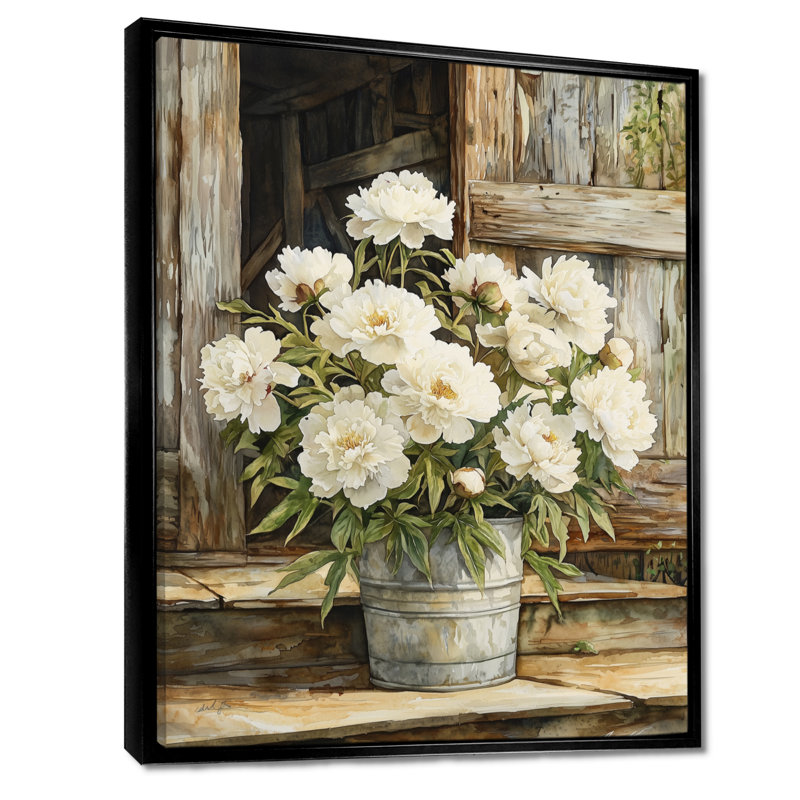 Fleurs de pivoines en pot Barnyard II - impressions de toiles de pivoines, Impression sur cadre flottant, Noir
