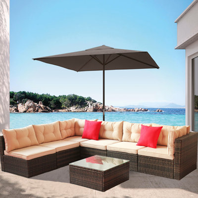 Ensemble de canapé de jardin modulaire en rotin pour meubles de jardin (7 pièces, coussin brun foncé) (canapé de patio)