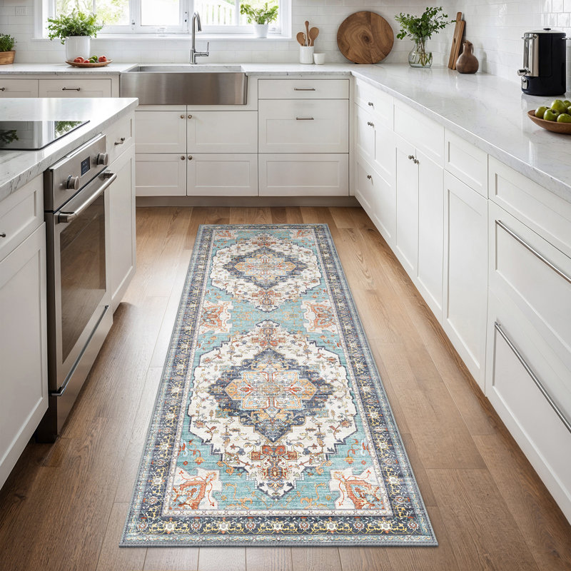 Oriental Area Rug, Vintage Low Pile Non-Slip Machine Washable Area Rug, Cyan, Runner 80 x 300 cm