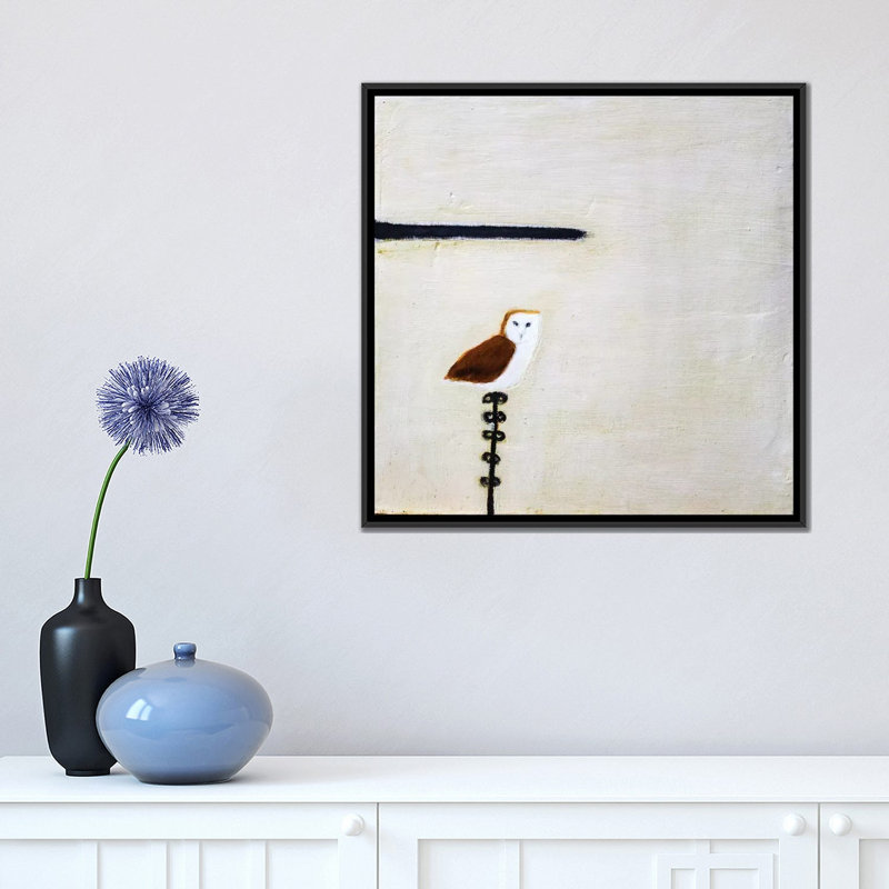 " Owl On A Post " by Andrew Squire, 18" H x 18" W x 1.5" D, Black Framed Canvas, No Mat