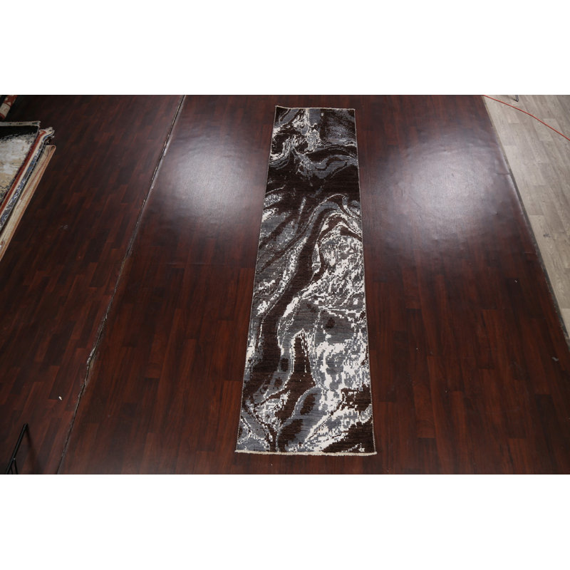 Tapis de couloir unique noué à la main 3 pi x 12 pi 3 po nouvel âge en brun / gris / blanc
