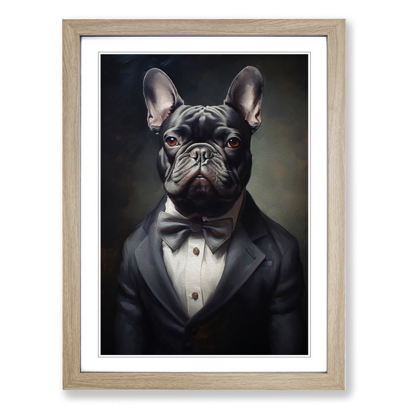 French Bulldog In A Suit No.2 - Single Picture Frame Print on Wood, 34cm H x 25cm W, Oak Framed
