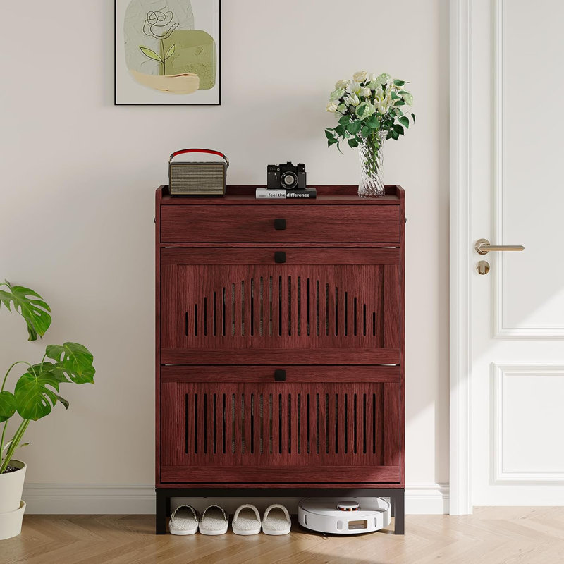 Shoe Storage Cabinet with 2 Flip Drawer, Shoes Organizer with with Top Drawer，Hollow Out Panel & Black Square Handles, Adjustable Shoe Rack for Entryway