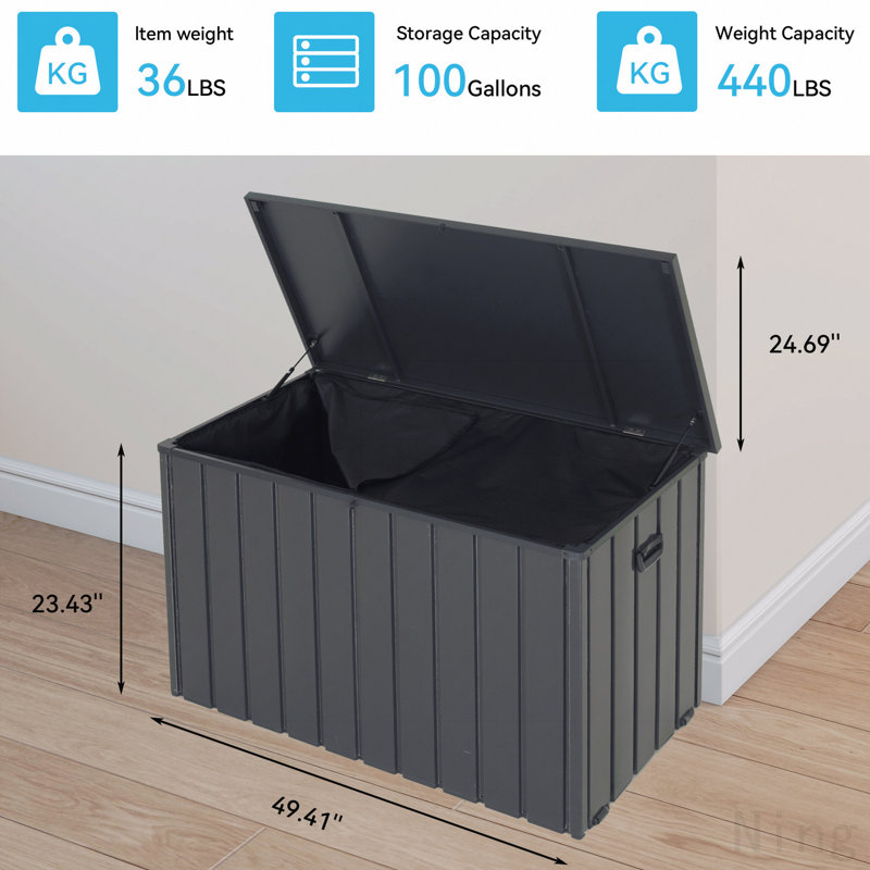 Outdoor Storage Box, 100 Gallon Metal Deck Box Built-in a Oxford Fabric Storage Bag, Lockable & Waterproof Outside Patio Storage Box - Gray