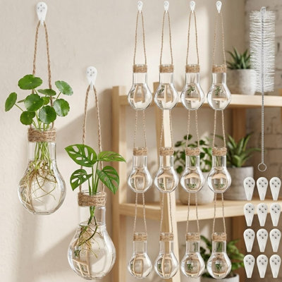 Paquet de douzaines de vases en plastique translucides de 3,9 pouces avec crochets et brosse de nettoyage, pots de propagation de fenêtre suspendus pour coupures, cadeau de jardinage pour femmes