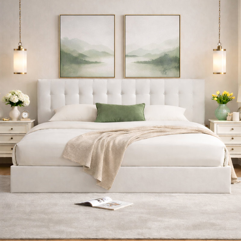 Lit plateforme tapissier avec rangement Arcadia, Très grand, Blanc