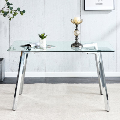Table rectangulaire moderne en verre minimaliste avec pieds en métal, plateau trempé de 0,31 po pour 4 à 6 personnes, surface de travail de 51 po x 31 po 30 à 4 à 6 personnes, rectangulaire, chambre à coucher