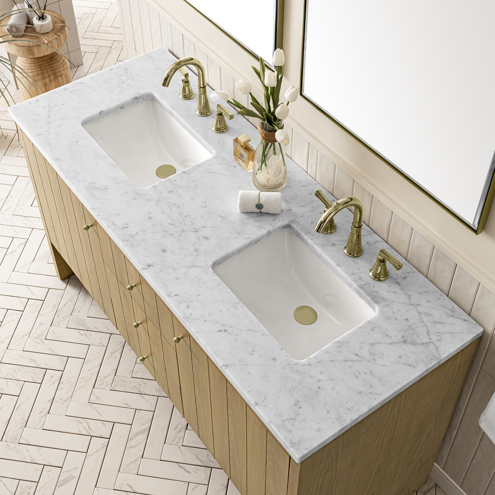 Hudson 60'' Double Bathroom Vanity, Arctic Fall Solid Surface, 8" Widespread, Light Natural Oak