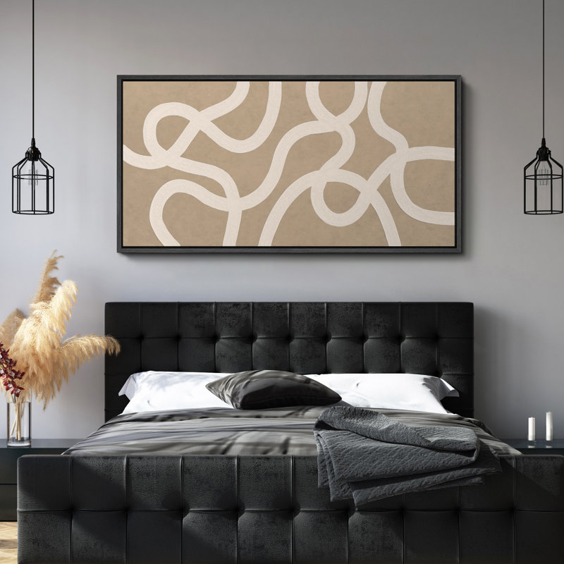 White Abstract Lines on Beige Modern Art, 30" H x 60" W, Black