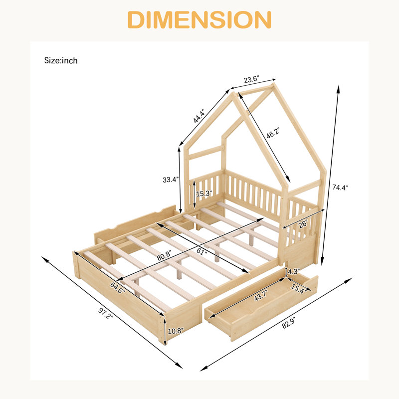 Grand lit plateforme en bois avec garde-corps et 2 tiroirs, Naturel