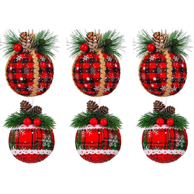 6 PCS Christmas Buffalo Plaid Ball Ornaments, Rustic Christmas Ornaments Plaid Foam Burlap Ornament Xmas Tree Hanging Decorations for Party Anniversary Decor, 3.15" Dia, Style A3