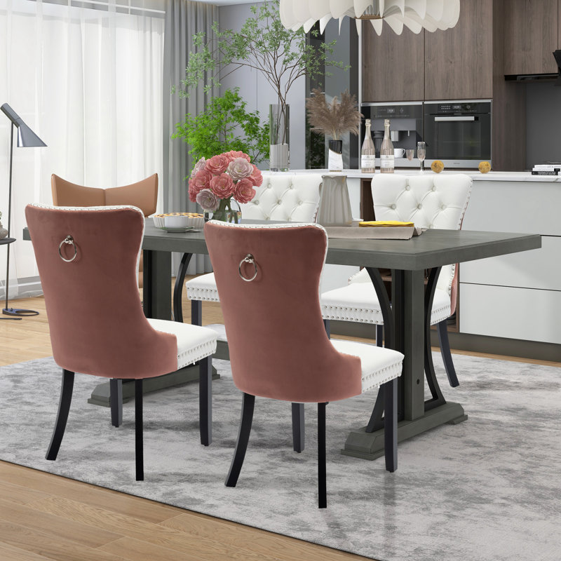 Kingson Modern Glam Tufted Two-Tone Dining Chair with Nailhead Trim & Back Pull Ring, White/Brown, 2
