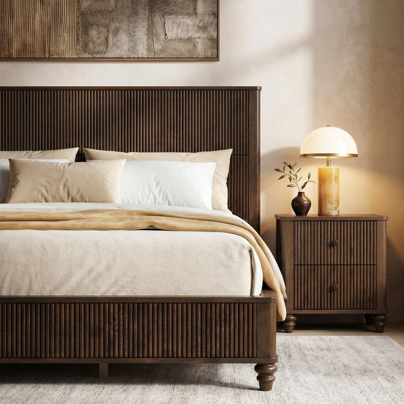 Bedroom set, Walnut, King, 3 Pieces : Bed, 2 Nightstands