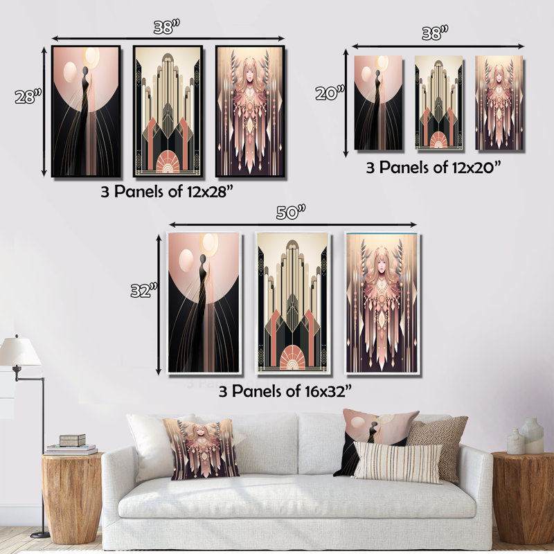 Art nouveau pleine lune Silhouettes - ensemble abstrait d'art géométrique mural de 3, Toile tendue, H 40 po x l 60 po