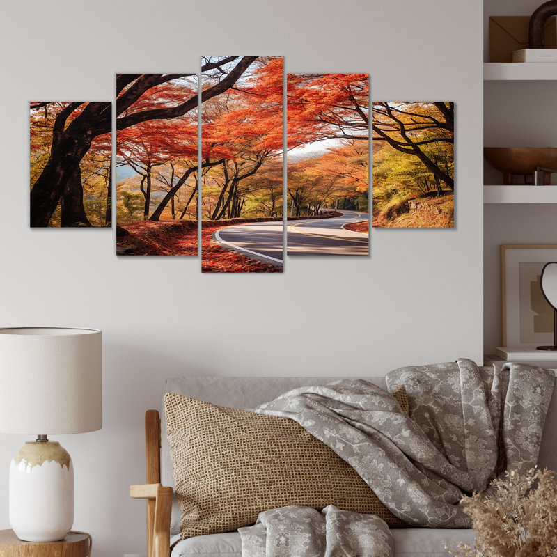 «Crimson Autumn Pathway Road II», ensemble d'art mural multi-panneaux