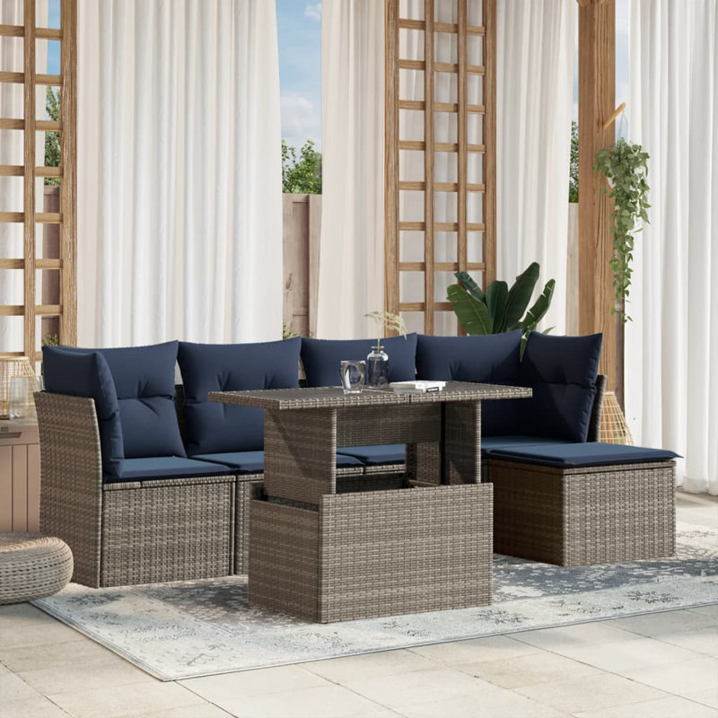 Ensemble de canapé de patio 6 pièces avec coussins en rotin de polyester, Marine, Gris