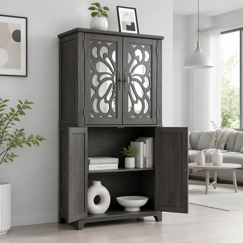 Buffet durable en panneau de fibres à densité moyenne brun foncé avec 4 portes en miroir et tablettes réglables pour un rangement polyvalent