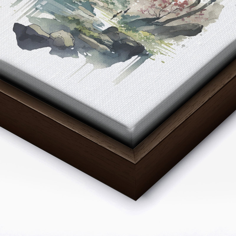 Maison de lac japonaise, 24"H x 32"W, Canvas, Brown Framed