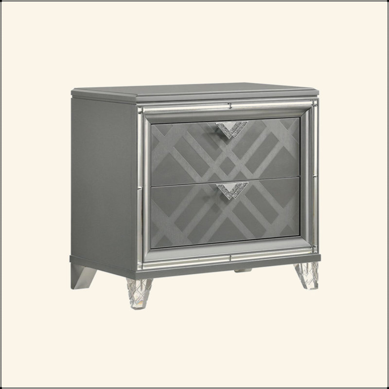 2 Drawers Nightstand With Mirror Trim, Silver