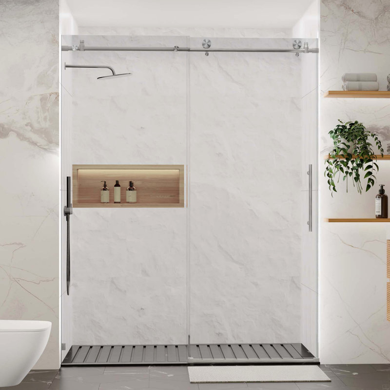  Frameless Shower Door, Sliding Shower Door, With  5/16"(8Mm)Thick Tempered Glass Shower Enclosure, Brushed Nickel