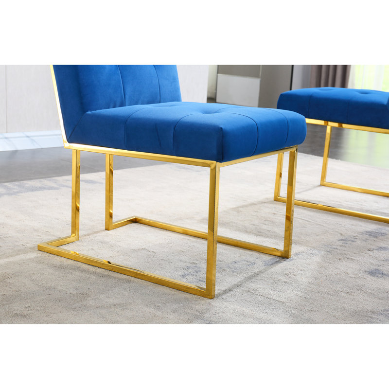 2 chaises de salle à manger modernes avec revêtement en velours et base en acier inoxydable doré, 2 chaises de couleur bleue avec base en acier, à déployer rapidement