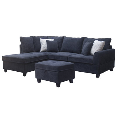 Gabriella 99.5"W Black Fabric Sectional Sofa With Left-Facing Chaise And Storage Ottoman