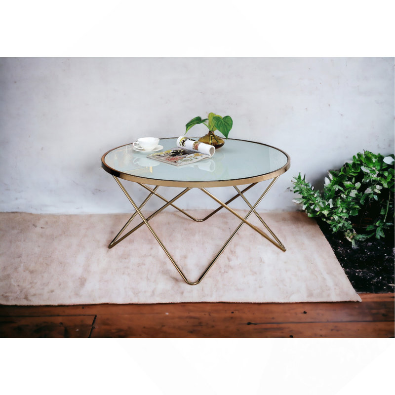Table basse élégante en forme de V à croisement avec plateau en verre, Blanc, H 18 po x l 34 po x P 34 po