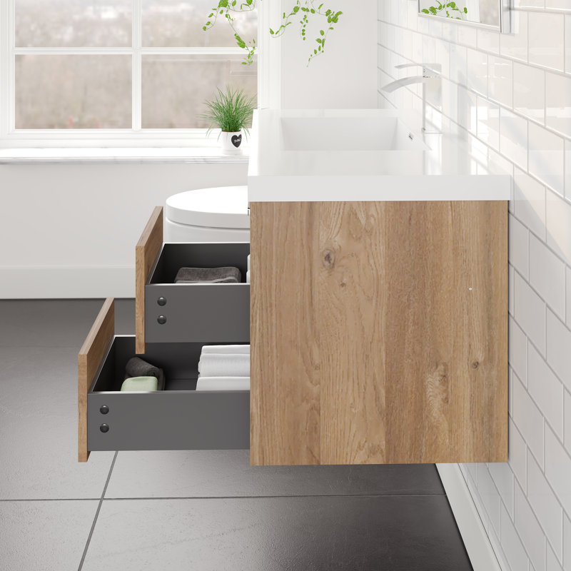 Meuble-lavabo mural en chêne naturel Alpharetta l 36 po x P 20 po avec comptoir en acrylique blanc et lavabo intégré